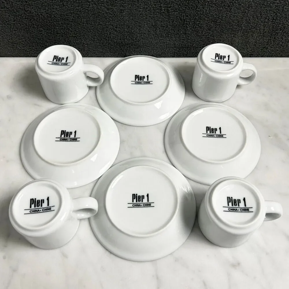 Pier 1 White Porcelain Demitasse Cups Saucers Set of 4 Espresso Coffee